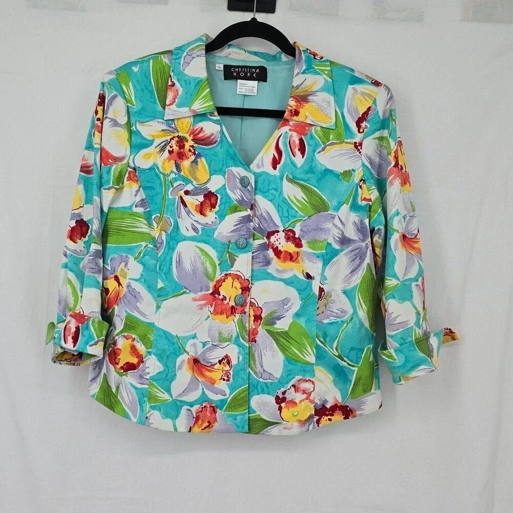 Christina Hope Petite 3pc Set Floral Orchid Blazer Cropped Pants Sequin Top L 16